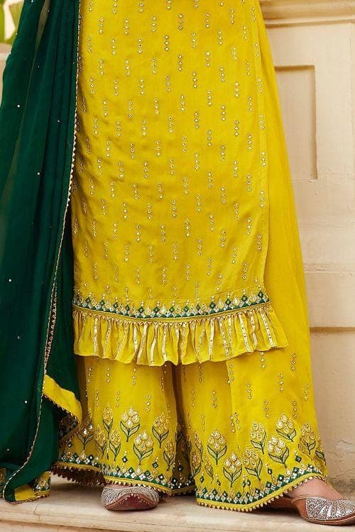 Yellow and green georgette sharara suit | Combination dresses, Haldi dress  ideas, Haldi outfits